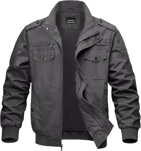 Vista 8 de MAGNIVIT Chaqueta cortavientos militar ligera para hombre con cuello parado, cierre frontal, 7 bolsillos - Algodón Negro