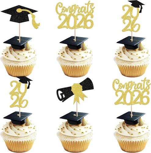 Vista 30 de 30 piezas de decoración para cupcakes de graduación para la clase de 2026 con purpurina brillante para el futuro diploma hecho 2026 Felicidades