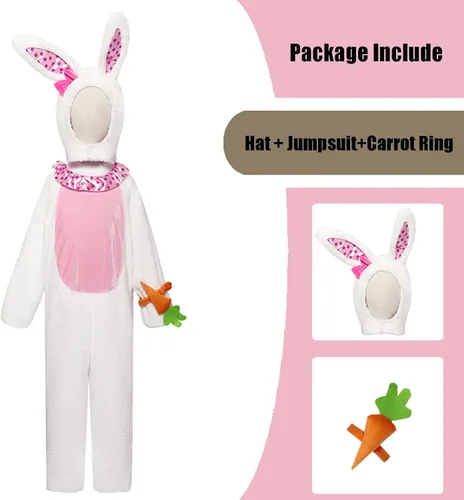 Vista 2 de Xinxiaomeng Disfraz de conejo de Pascua para niñas, traje de conejo y zanahoria, disfraz de conejo