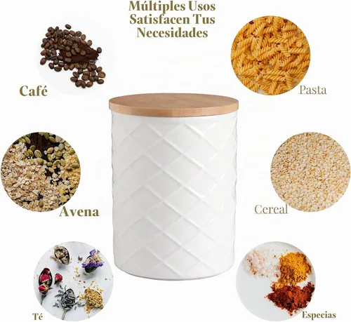 Vista 2 de Sweejar Juego de recipientes de cerámica para encimera de cocina, tarro de almacenamiento de alimentos en relieve con tapa de bambú, recipiente