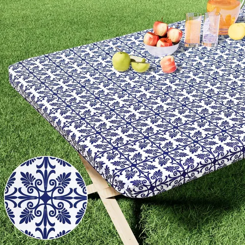 Vista 25 de Misaya - Mantel de vinilo rectangular, mantel elástico con respaldo de franela, 100% impermeable, cubierta de plástico para mesas plegables de 4