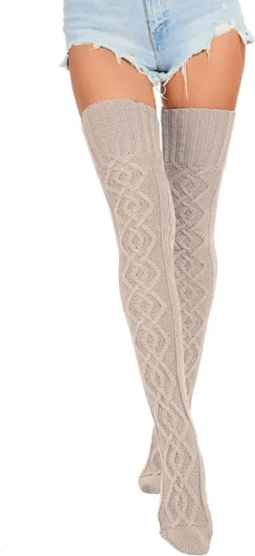 Vista 5 de HYTENSUN Calcetines altos de punto para mujer, calcetines altos gruesos por encima de la rodilla, calcetines de tubo de ganchillo, calentadores