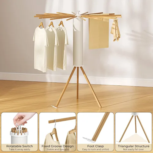 Vista 4 de SUNOUTLY Estante de Secado de Ropa con Trípode, Estante para Ropa Portátil y Plegable que Ahorra Espacio para Secar Ropa - Estante Secador de Ropa