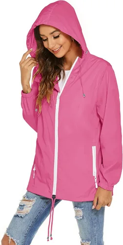Vista 4 de Avoogue Chaqueta impermeable para mujer, ligera, transpirable, con capucha, rompevientos activos con bolsillo