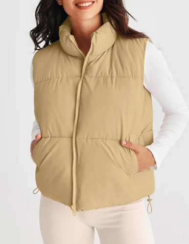 Vista 2 de MEROKEETY Chaleco acolchado para mujer, cuello alto, con cremallera, sin mangas, con bolsillos
