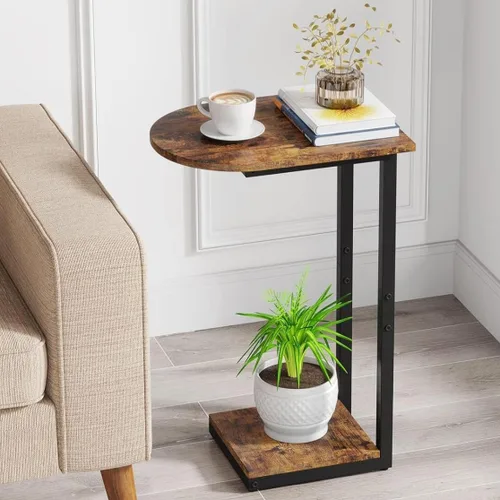 Vista 13 de Hosfais Mesa Auxiliar Pequeña, Mesa de Extremo en Forma de C, Mesa de Café de Madera para TV, Bandeja para Comer, Mesas para Sofá de Espacios Negro