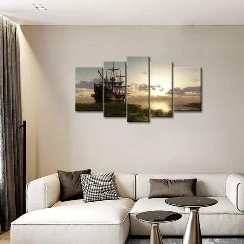 Vista 2 de Barco pirata náutico arte de pared barco vikingo 5 paneles pintura la imagen impresiones sobre lienzo arte moderno para sala de estar decoración
