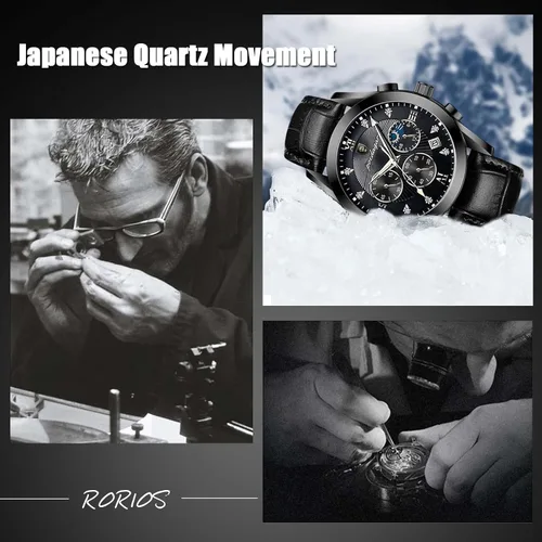 Vista 6 de RORIOS Relojes de moda para hombre, reloj analógico de cuarzo con correa de cuero, cronógrafo, reloj de pulsera impermeable para hombres