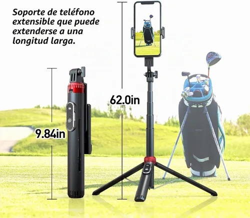 Vista 3 de Trípode de teléfono de 62 pulgadas y palo para selfie para entrenamiento de golf, soporte de trípode extensible para teléfono celular con control
