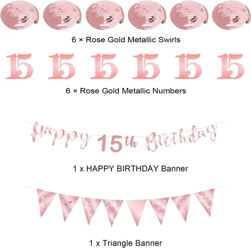 Vista 3 de BRT Bearingshui Kit de decoración de cumpleaños número 15 para niñas, serpentinas de banderines de feliz 15 años, pancarta de bandera triangular