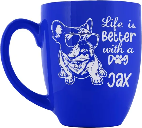 Vista 3 de PlaqueMaker Taza de café Bistro de cerámica personalizada, texto grabado con láser, 16 onzas (azul)