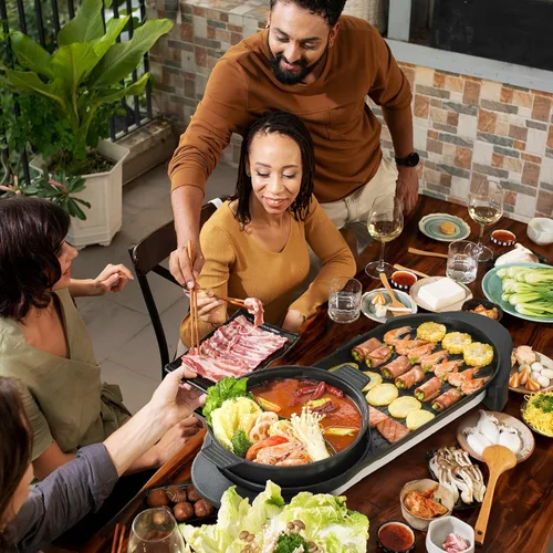 Vista 9 de Olla caliente eléctrica 2 en 1 sin humo con parrilla, olla caliente extraíble de 2200W, combo de barbacoa coreana y Shabu para interior, sartén