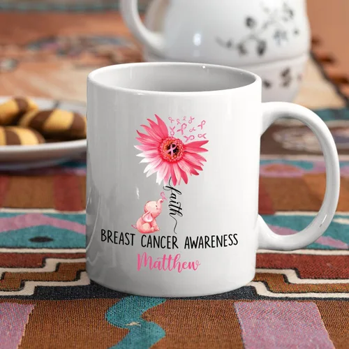 Vista 3 de Taza de café de concientización sobre el cáncer de mama con nombre personalizado, taza de café de 11 onzas, taza de té de cerámica blanca
