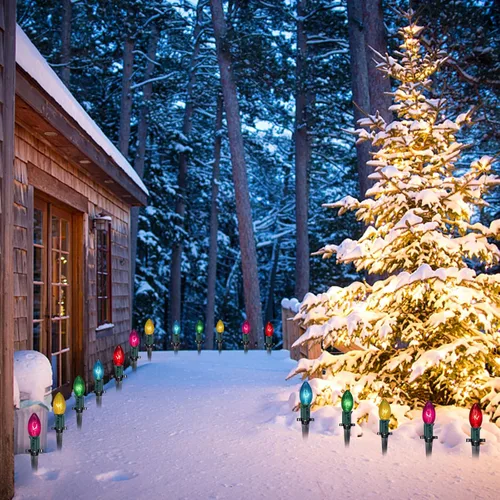 Vista 7 de Abeja Luz de camino de Navidad C9 para exteriores, bombillas multicolor de 38 pies, luces de camino de Navidad con 25 estacas, luces conectables