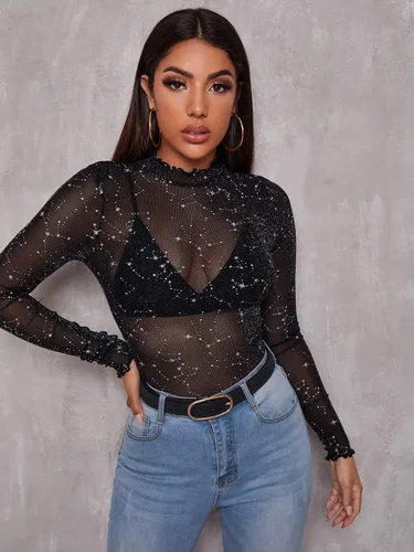 Vista 4 de Floerns - Blusas de malla transparente con estrellas de manga larga con cuello alto para mujer