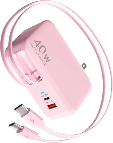 Vista 9 de Cargador de pared USB C retráctil con enchufe de pared, cables tipo C dobles de 35.5in/90cm, bloque plegable multi cargador de 40W de carga rápida