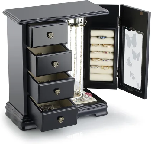 Vista 3 de RR ROUND RICH DESIGN Joyero de madera maciza para maquillaje y organizador de anillos para mujer, con 4 cajones incorporados, carrusel de collar