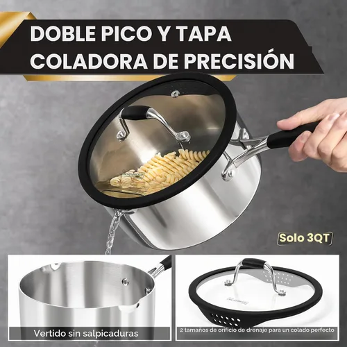 Vista 4 de MICHELANGELO Juego de cacerolas de acero inoxidable triple con tapa colador, olla de salsa resistente con tapa, olla de salsa multiusos compatible