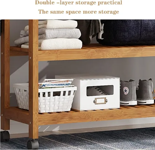 Vista 5 de Perchero de madera independiente para ropa, con 2 estantes de almacenamiento y 4 ganchos, ideal para almacenamiento de ropa de dormitorio
