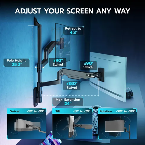 Vista 5 de ARES WING Soporte de pared para monitor doble para pantallas ultraanchas de 17 a 49 pulgadas, brazo de monitor de montaje en pared resistente