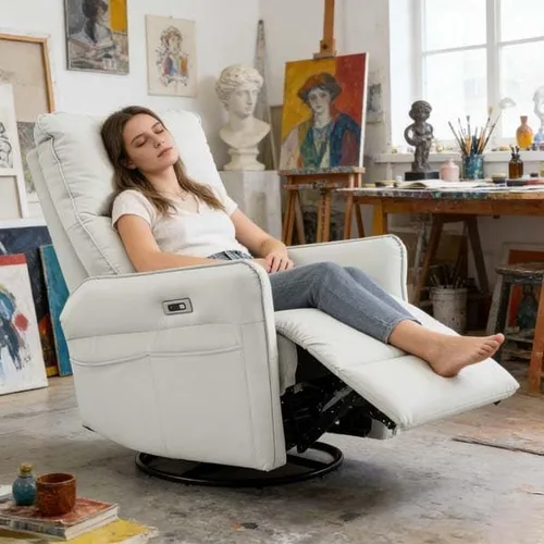 Vista 2 de Power Rocker Swivel Recliner, Electric Recliner Chair with USB Charging, PU Leather for Bedroom(Light Gray)