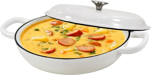 Vista 16 de COOKWIN Horno holandés de hierro fundido, olla redonda de 3 QT con tapa autobronceadora para hornear en casa, brasero, cocina, excelentes regalos