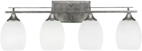 Vista 34 de Uptowne - Barra de baño 4 ligeras, acabado plateado envejecido, vidrio cuadrado de 3.5 pulgadas con forma de remolino de ónix