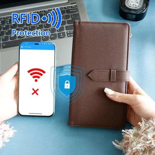 Vista 3 de Cartera de viaje con bloqueo RFID multiuso para pasaporte, Marrón, Classic