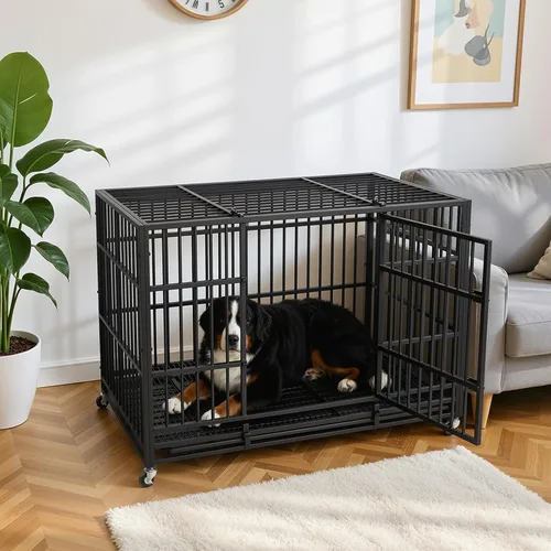 Vista 9 de VOWNER Jaula de perro indestructible resistente de 48 pulgadas, jaula para perros a prueba de escapes con 4 ruedas con cerradura, jaula para perros