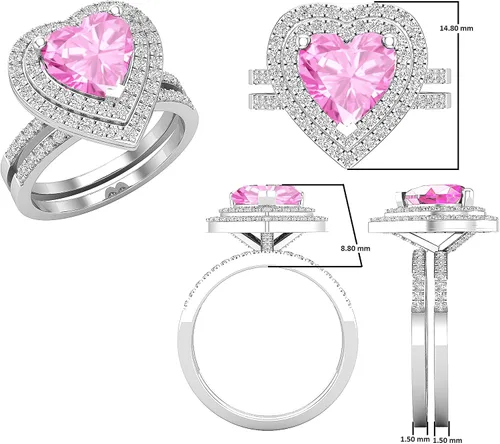 Vista 32 de Dazzlingrock Collection Juego de anillos de compromiso de doble halo con diamantes naturales redondos y piedras preciosas creadas en laboratorio