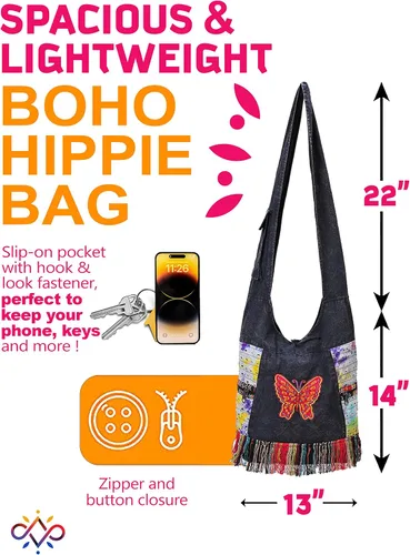 Vista 3 de THE COLLECTION ROYAL Hobo - Bolso cruzado para mujer, bolso bohemio, bolso bohemio, bolso hippie, bolso indie, bolso de tela para mujer