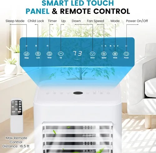 Vista 4 de GOFLAME Aire acondicionado portátil, potente unidad de CA de 8000 BTU con control remoto y 4 ruedas, enfriador de aire 3 en 1, deshumidificador