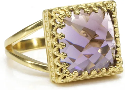 Vista 3 de Intrincado anillo de piedra natal de febrero, anillo de amatista en doble banda chapada en oro de 14 quilates, joyería de amatista hecha a mano