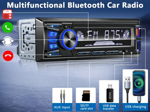 Vista 4 de Radio de coche Bluetooth Single DIN Audio estéreo para automóvil, audio para automóvil con manos libres y control de aplicación, compatible con FM