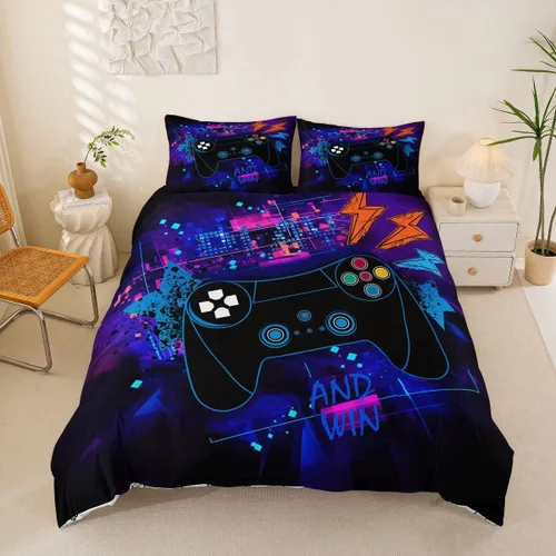 Vista 36 de Juego de funda de edredón con diseño de videojuegos para niños, tamaño individual, negro y azul a cuadros, juego de ropa de cama moderna