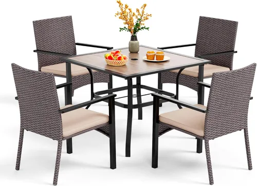 Vista 10 de PHI VILLA Juego de comedor al aire libre de 5 piezas para 4, mesa de comedor cuadrada de metal y sillas de mimbre de ratán con cojines, muebles