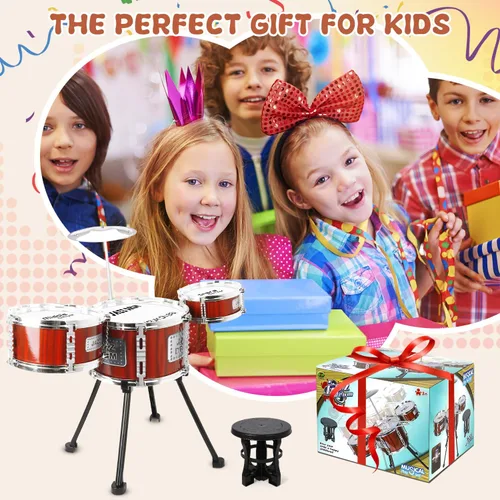 Vista 6 de Juego de Batería para Niños, Juguetes Musicales, Juego de Tambores para Niños Pequeñas de 3 a 5 Años, Kit de Tambores Jazz con Taburete, 3 Tambores