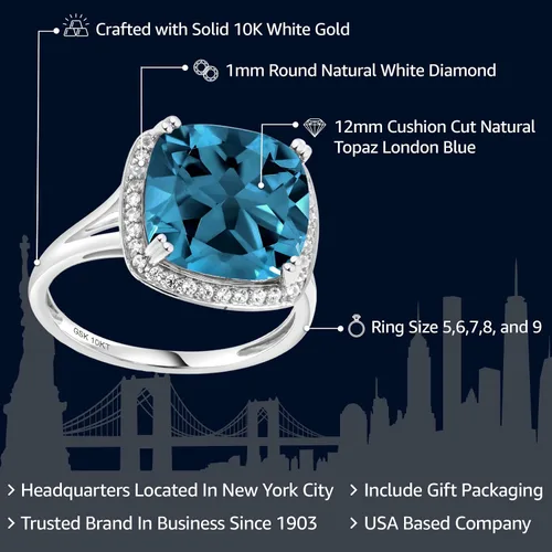 Vista 2 de Gem Stone King Anillo de oro blanco de 10 quilates con piedra natal y zafiro blanco creado para mujer, cojín de 0.472 in, anillo de compromiso