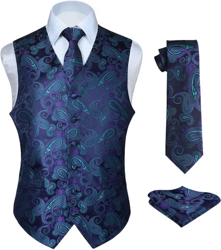Vista 22 de HISDERN Conjunto de 3 piezas de chaleco formal para hombre, chaleco formal de cachemira floral jacquard corbata bolsillo cuadrado chalecos