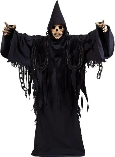 Vista 6 de Disfraz de parca aterrador de Halloween para niños y adultos, espeluznante disfraz de Halloween, accesorios de utilería, guadaña y cadena de segadora