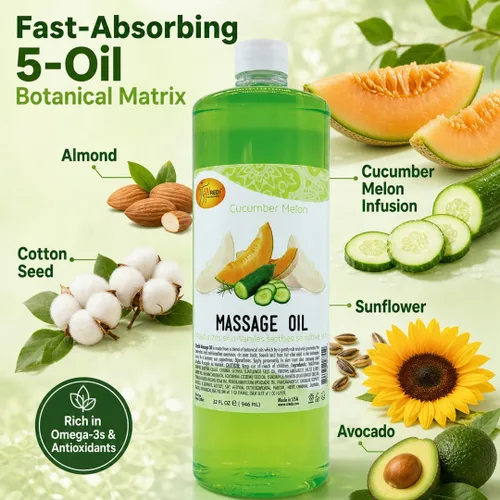 Vista 3 de SPA REDI - Aceite de masaje, melón de pepino, 32 onzas - Terapia profesional de masaje de cuerpo completo, manicura, pedicura - Relaja los músculos