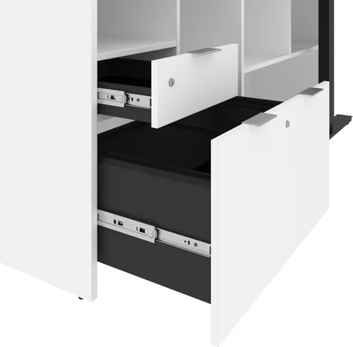 Vista 3 de Bestar i3 Plus Escritorio ejecutivo en forma de U con gabinete de puertas de vidrio esmerilado, 72 W, gris corteza y blanco