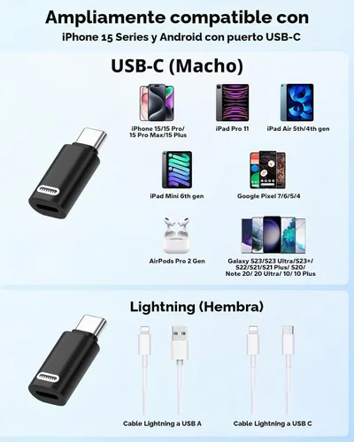 Vista 6 de MoKo - Adaptador Lightning a USB-C para iPhone Duo 18, 17, 16, 15, paquete de 2 PD negro
