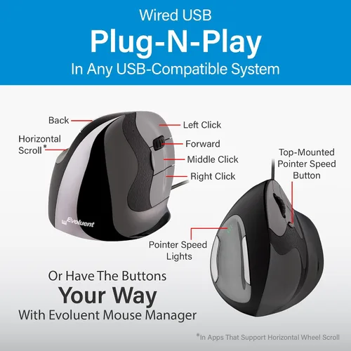 Vista 6 de Evoluent – Inventor de El Ratón Vertical – Ratón vertical ergonómico VMDM para diestros, USB cableado, mediano, diseñado para la comodidad, reduce