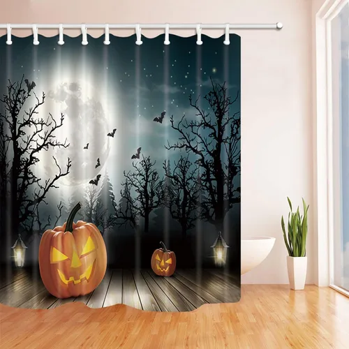 Vista 2 de Cortina de ducha de Halloween, bosque espeluznante y luna de calabaza, 72 x 72 pulgadas, juego de decoración de baño de tela de poliéster con 12