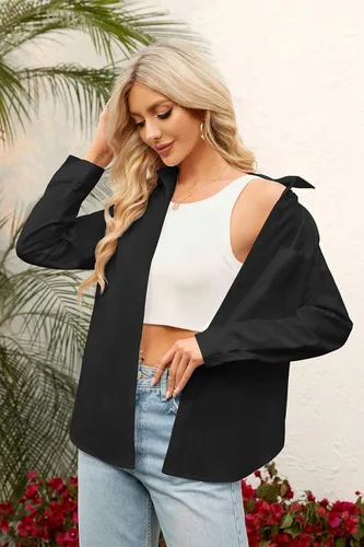Vista 2 de Runcati Camisa de manga larga con cuello en V y botones para mujer, blusa casual de lino y algodón, ajuste holgado