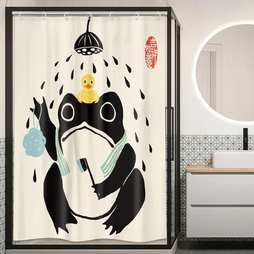 Vista 2 de Juego Divertido de Cortina de Rana Retro para Ducha, Juego de Baño 48x71 Pulgadas, Estilo Asiático Lindo, Arte Japonés Tradicional de Pato de Goma