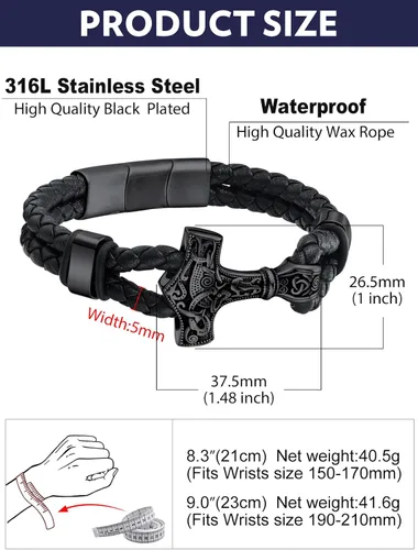 Vista 9 de Bandmax Pulsera trenzada de cuero negro para hombre con colgante gótico punk, pulsera de cuero con hebilla de acero inoxidable, paquete de regalo