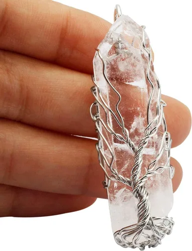 Vista 3 de Collar colgante de árbol de la vida Tumbelluwa con punto de piedra y cristal crudo que curan los chakras envueltos hechos a mano para mujeres