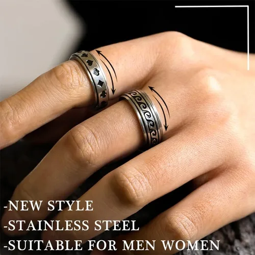 Vista 2 de Anillos de acero inoxidable para hombres, anillos de ansiedad plateados para la ansiedad para mujeres, juego de anillos giratorios geniales, paquete